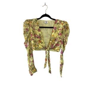 Hemant and Nandita Women's Pria Cropped Yellow Floral Tie-Front Top Size M
